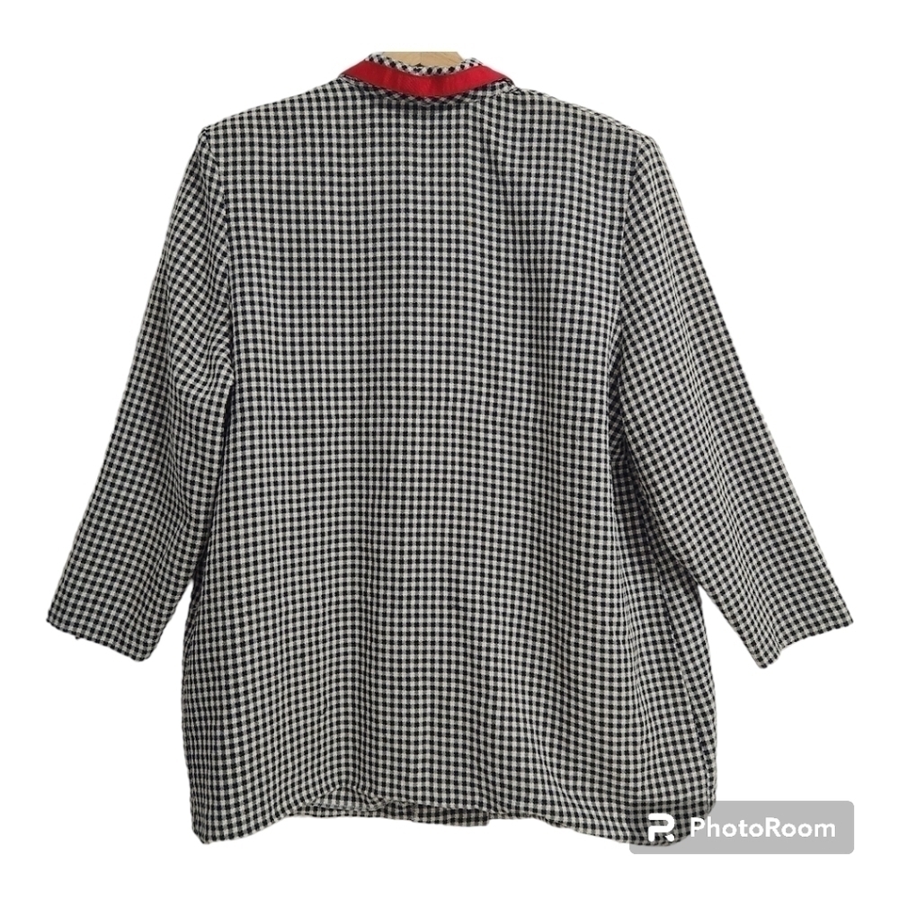 T.D.A black and white gingham button-down top/blouse with red trim and buttons. - Picture 2 of 10